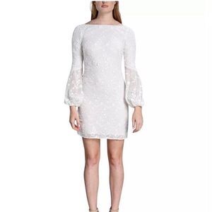 NWT Dress the Population Evelyn Textured Floral Shift White Dress